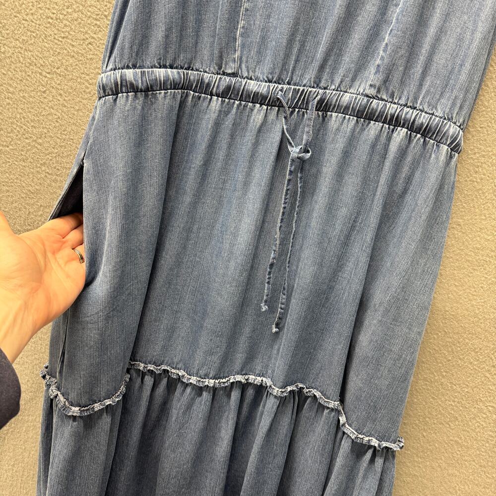 Lands End Tiered Dress Blue Chambray V-Neck Coastal Midi + Pockets Womens Medium - Picture 5 of 11